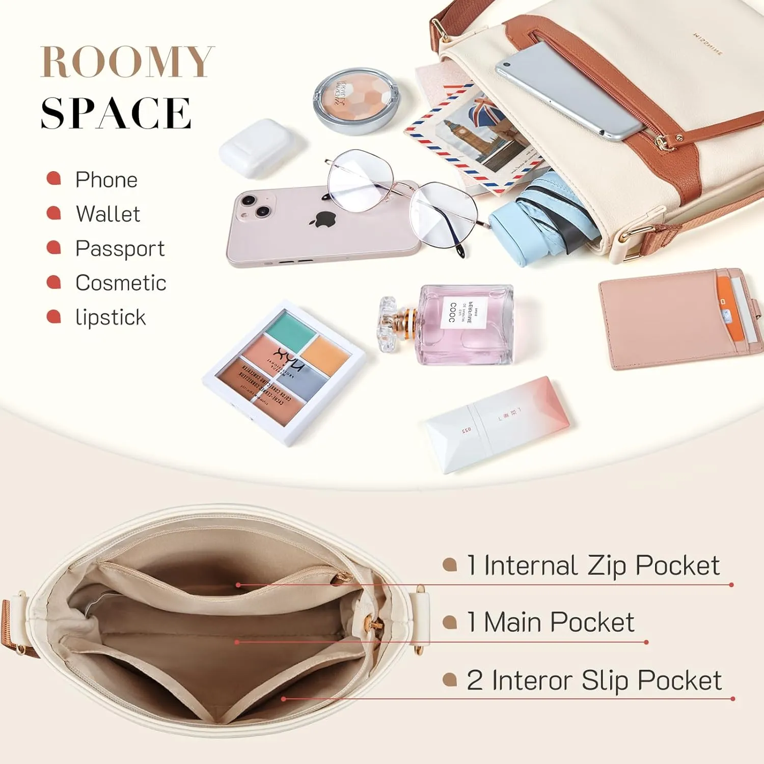 Missnine Crossbody Bags for Women Multi Pocket Purses Soft Leather Medium Shoulder Handbags with Adjustable Strap