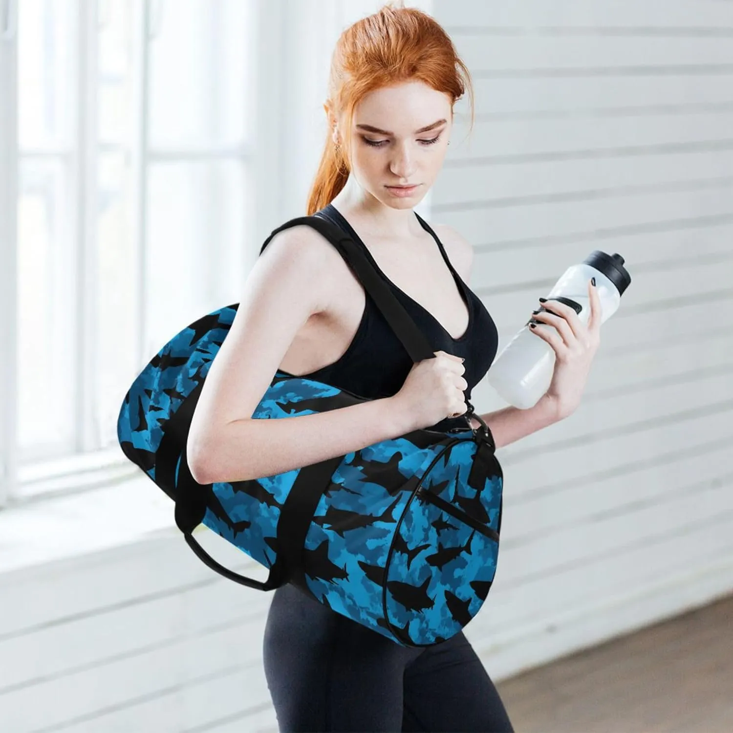 MNSRUU Sports Duffel Bags, Shark Silhouette Athletic Gym Bag Overnight Workout Travel Tote Luggage for Men Women Yoga