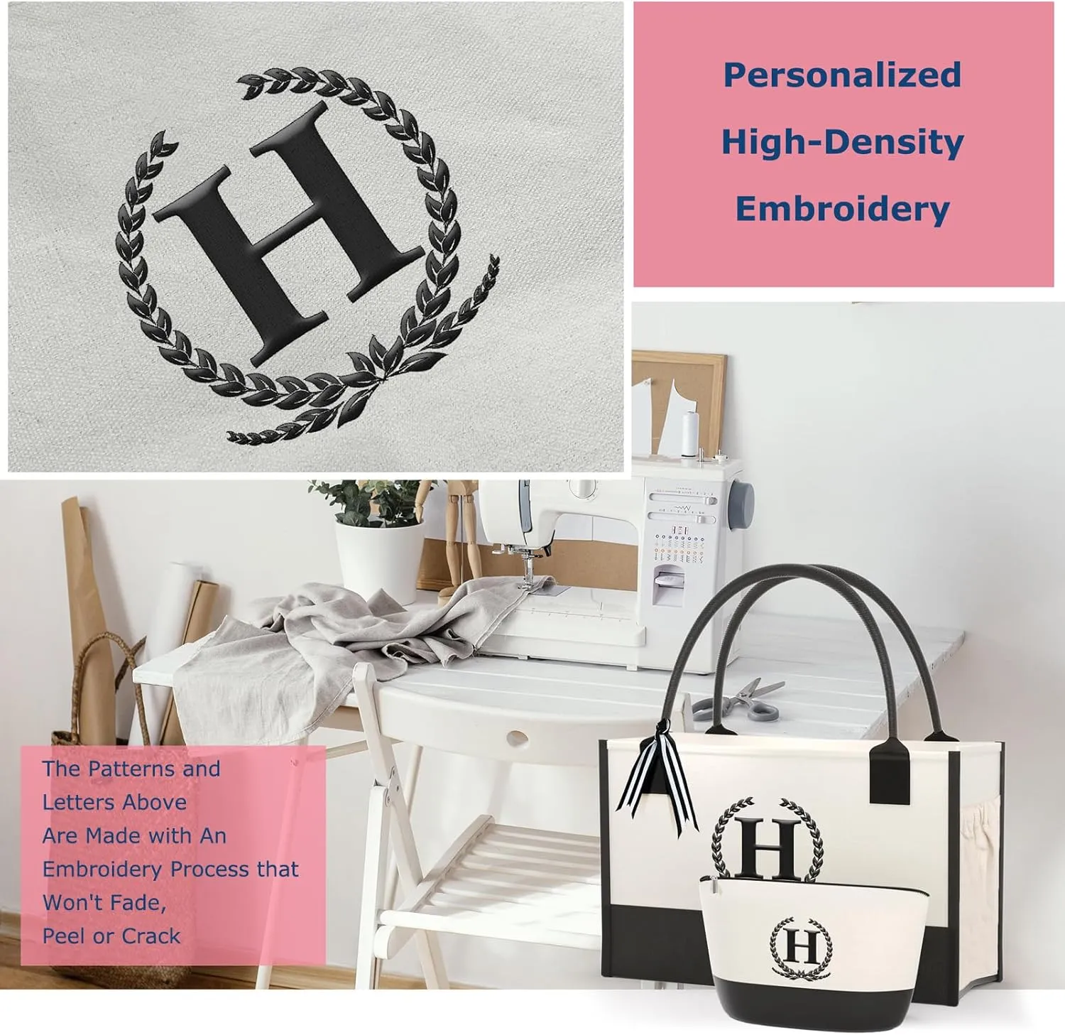 Monogrammed Canvas Tote Bag with Zipper Pockets - Ideal Gift for Mom, Teacher, Sister