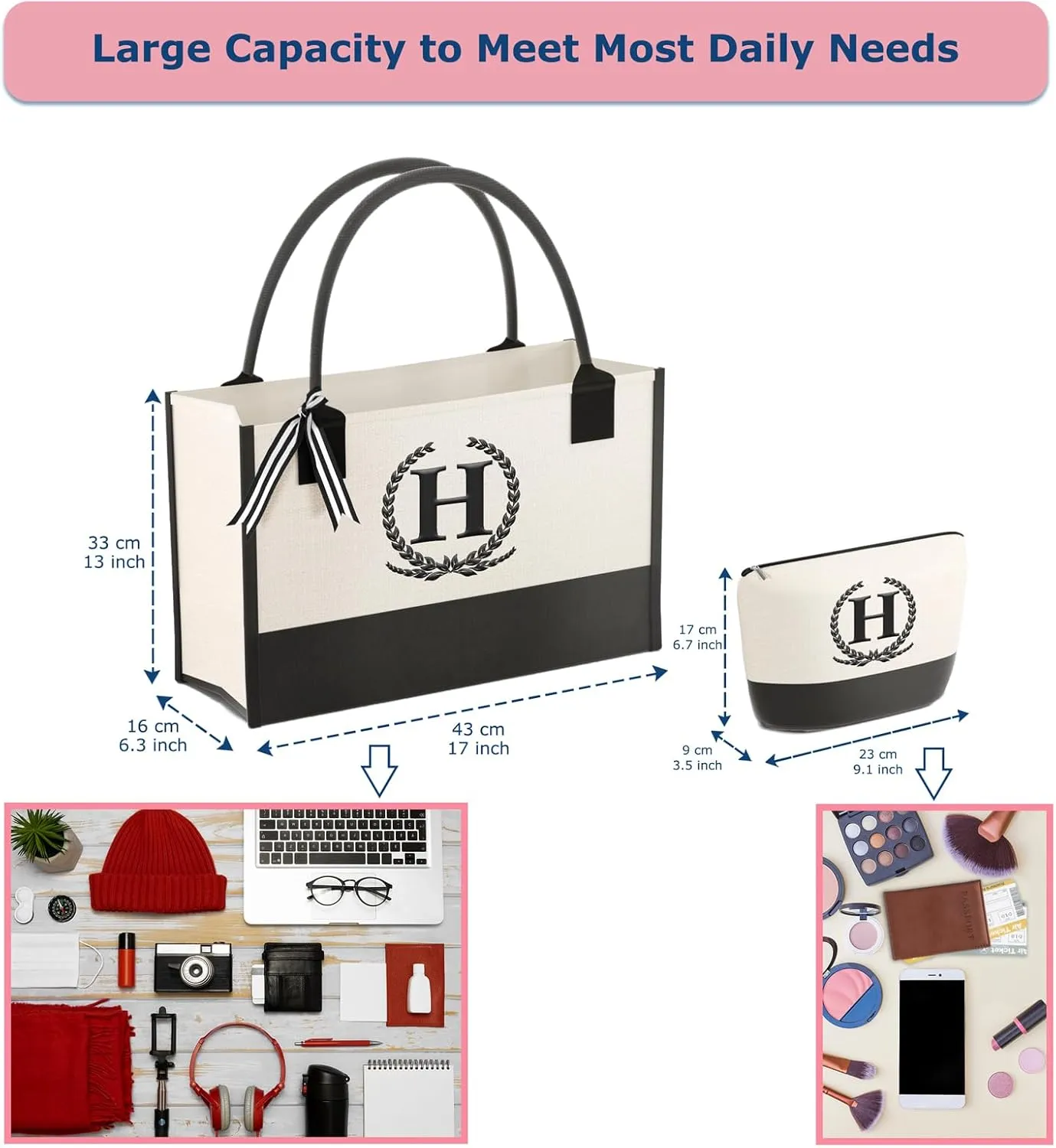 Monogrammed Canvas Tote Bag with Zipper Pockets - Ideal Gift for Mom, Teacher, Sister