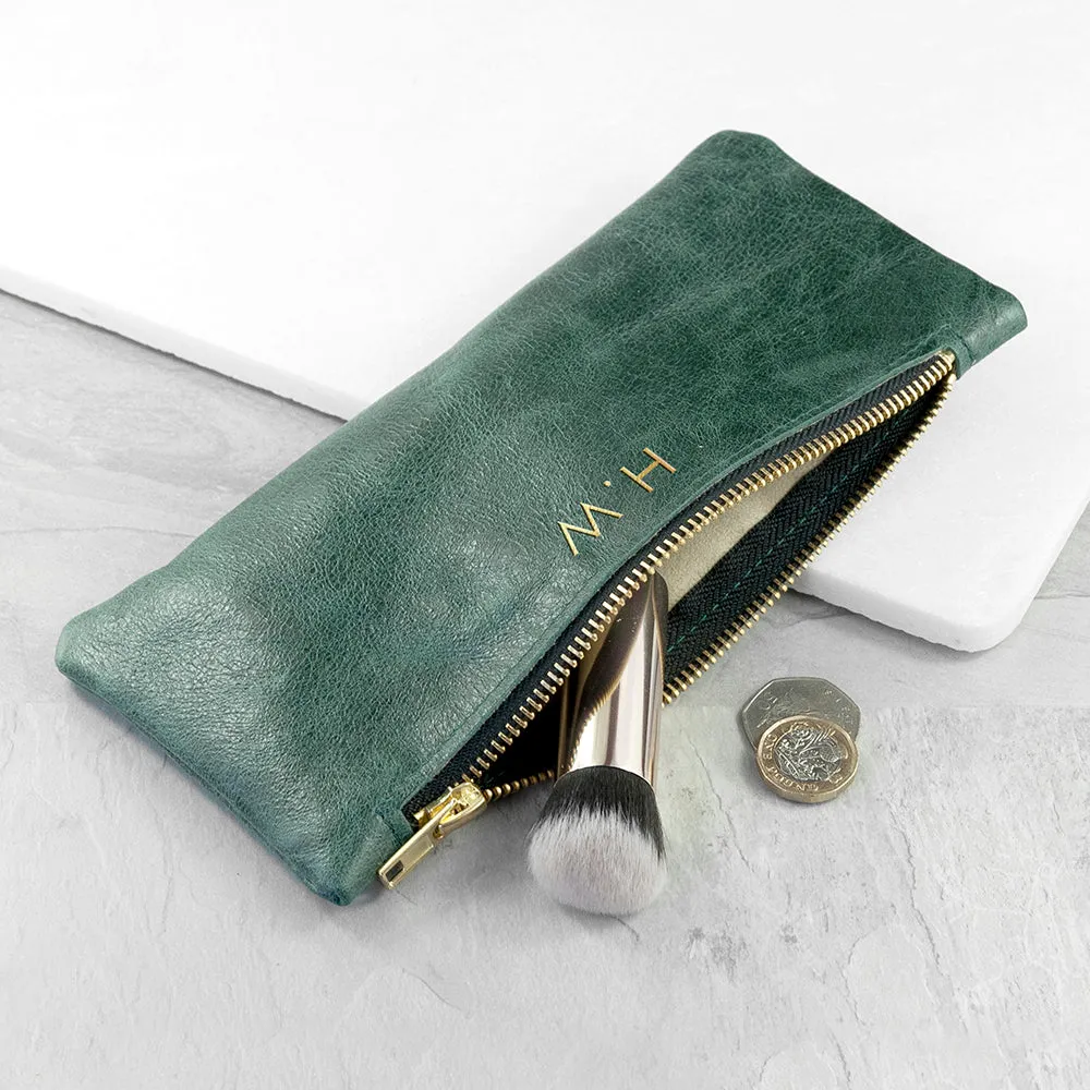 Monogrammed Green Leather Slimline Clutch Bag
