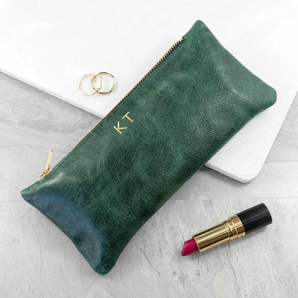 Monogrammed Green Leather Slimline Clutch Bag