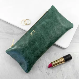 Monogrammed Green Leather Slimline Clutch Bag