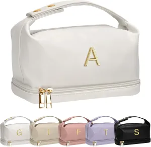 Mothers Day Gifts for Friends, Personalized Makeup Bag with Handle, Initial Double Layer Cosmetic Bag with Makeup Brush Organizer, Gifts for Friends Female Mom-Graduation Gift for Teens Girls