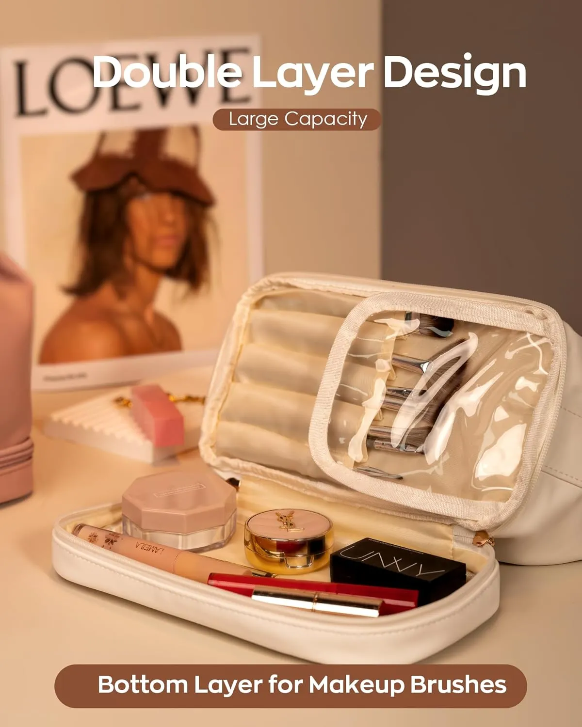 Mothers Day Gifts for Friends, Personalized Makeup Bag with Handle, Initial Double Layer Cosmetic Bag with Makeup Brush Organizer, Gifts for Friends Female Mom-Graduation Gift for Teens Girls