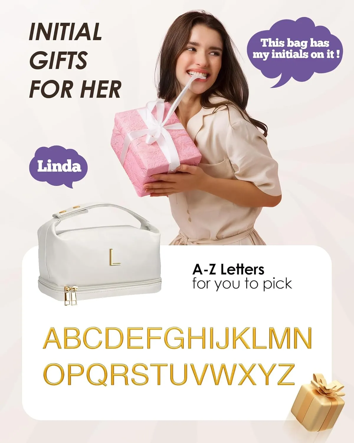 Mothers Day Gifts for Friends, Personalized Makeup Bag with Handle, Initial Double Layer Cosmetic Bag with Makeup Brush Organizer, Gifts for Friends Female Mom-Graduation Gift for Teens Girls