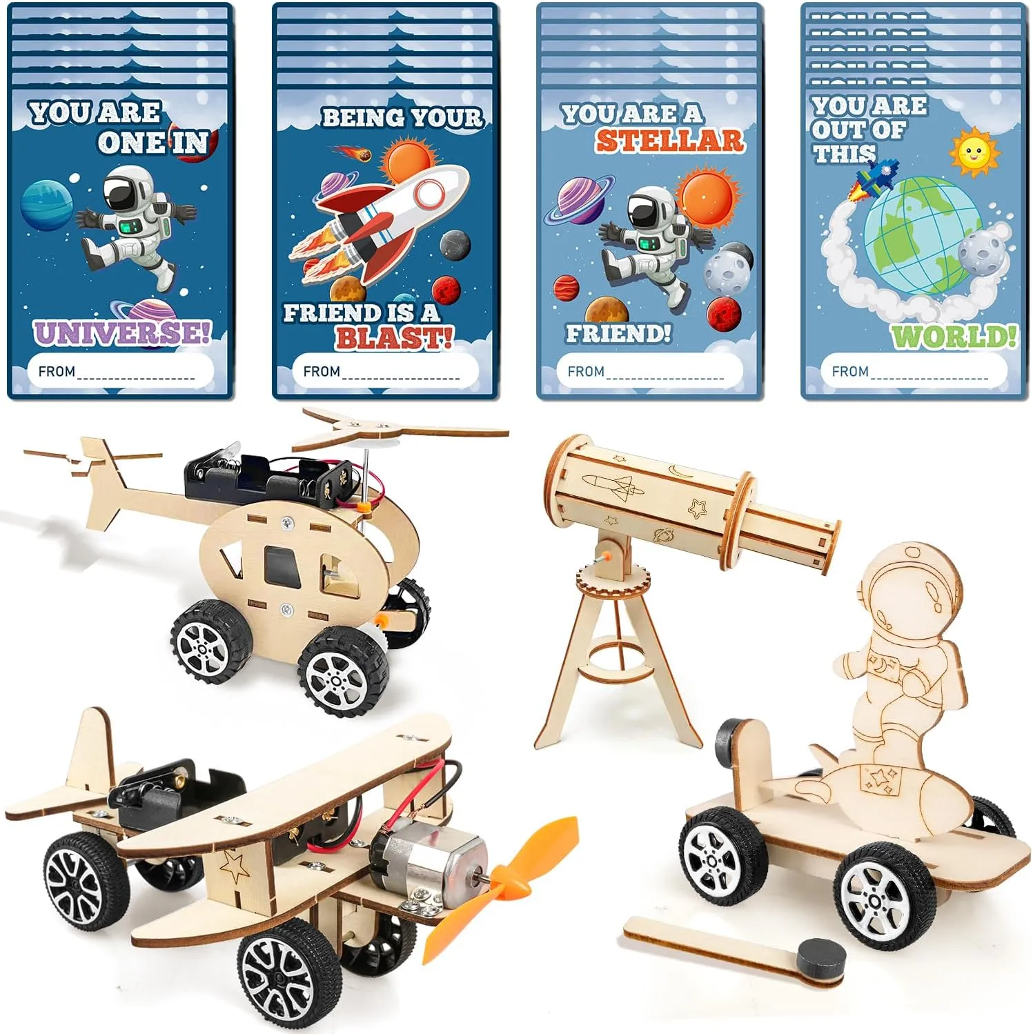 MOVINPE Valentines Day Gifts for Kids Classroom School - 24 Sets Stem Kits with Valentines Cards, Wood Craft Science Kit Valentine Exchange Gifts Space Theme Bulk Class Prizes for Boys Girls