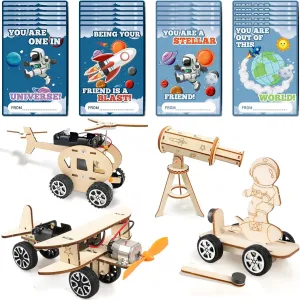 MOVINPE Valentines Day Gifts for Kids Classroom School - 24 Sets Stem Kits with Valentines Cards, Wood Craft Science Kit Valentine Exchange Gifts Space Theme Bulk Class Prizes for Boys Girls