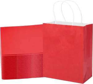 MOZRRO Gift Bags, 100 Pack 10.5x8.5x4.5 Inch, Paper Bags with Handles, Red, Medium Size, Recyclable, Eco-Friendly, Birthday, Wedding, Bulk, Party, Lunch Bags