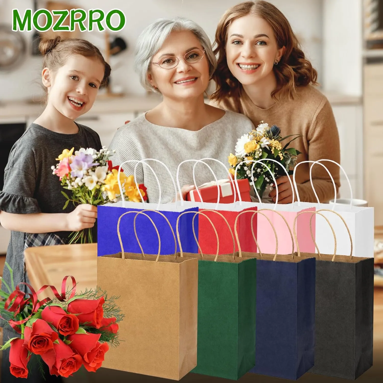 MOZRRO Gift Bags, 100 Pack 10.5x8.5x4.5 Inch, Paper Bags with Handles, Red, Medium Size, Recyclable, Eco-Friendly, Birthday, Wedding, Bulk, Party, Lunch Bags