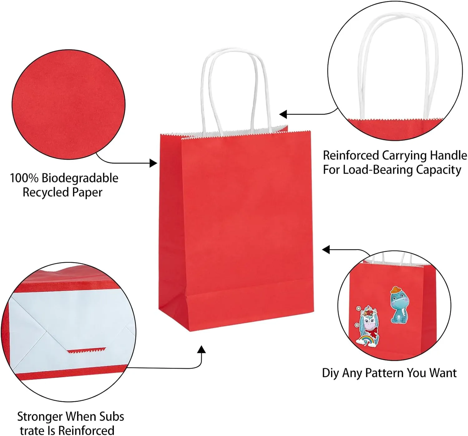 MOZRRO Gift Bags, 100 Pack 10.5x8.5x4.5 Inch, Paper Bags with Handles, Red, Medium Size, Recyclable, Eco-Friendly, Birthday, Wedding, Bulk, Party, Lunch Bags