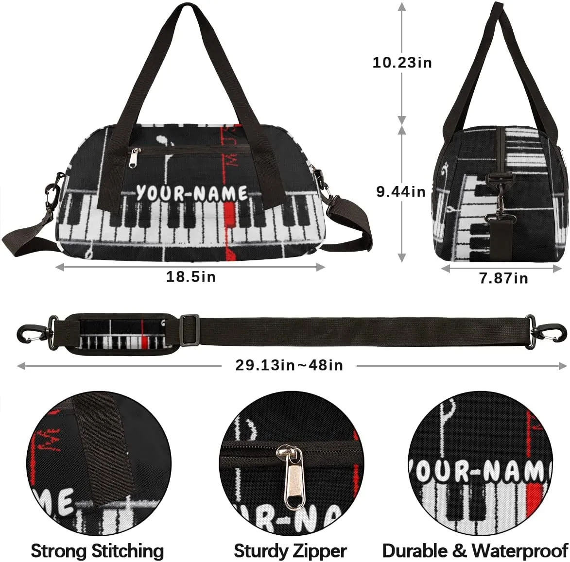 Musical Piano Theme Personalized Kids Duffel Bag for Girls Boys, Piano Debris Custom Name Dance Bag Overnight Small Duffel Bag Carry On Weekend Sports Travel Bag for School Practice Gymnastics Ballet