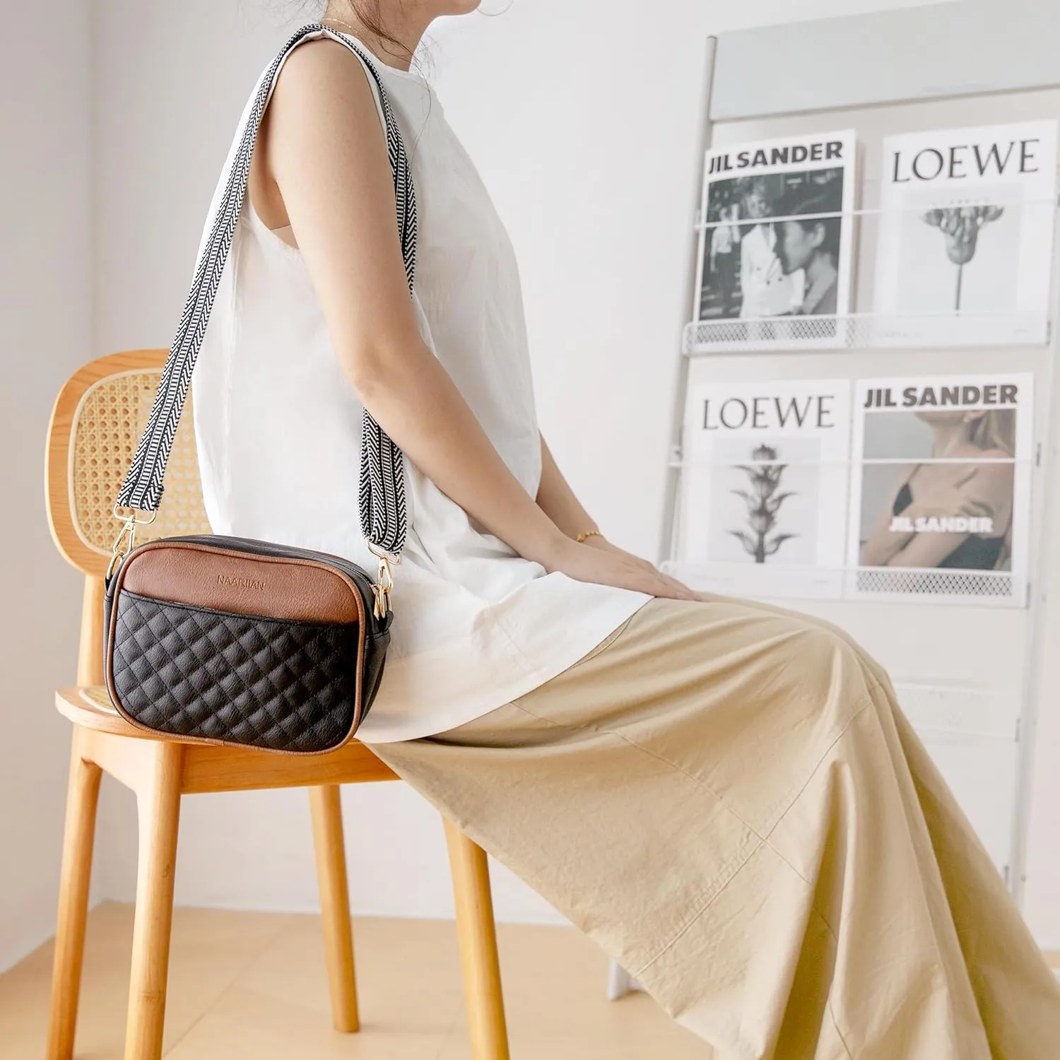 NAARIIAN Quilted Crossbody Bags for Women Vegan Leather PU Purses Small Shoulder Handbags with Adjustable Wide Jacquard Strap