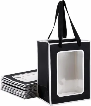 NBEADS 12 Pcs Kraft Paper Gift Bags with Clear Window, 7.9x5.9x4.1inch Paper Gift Tote Bags with Handles, Black White
