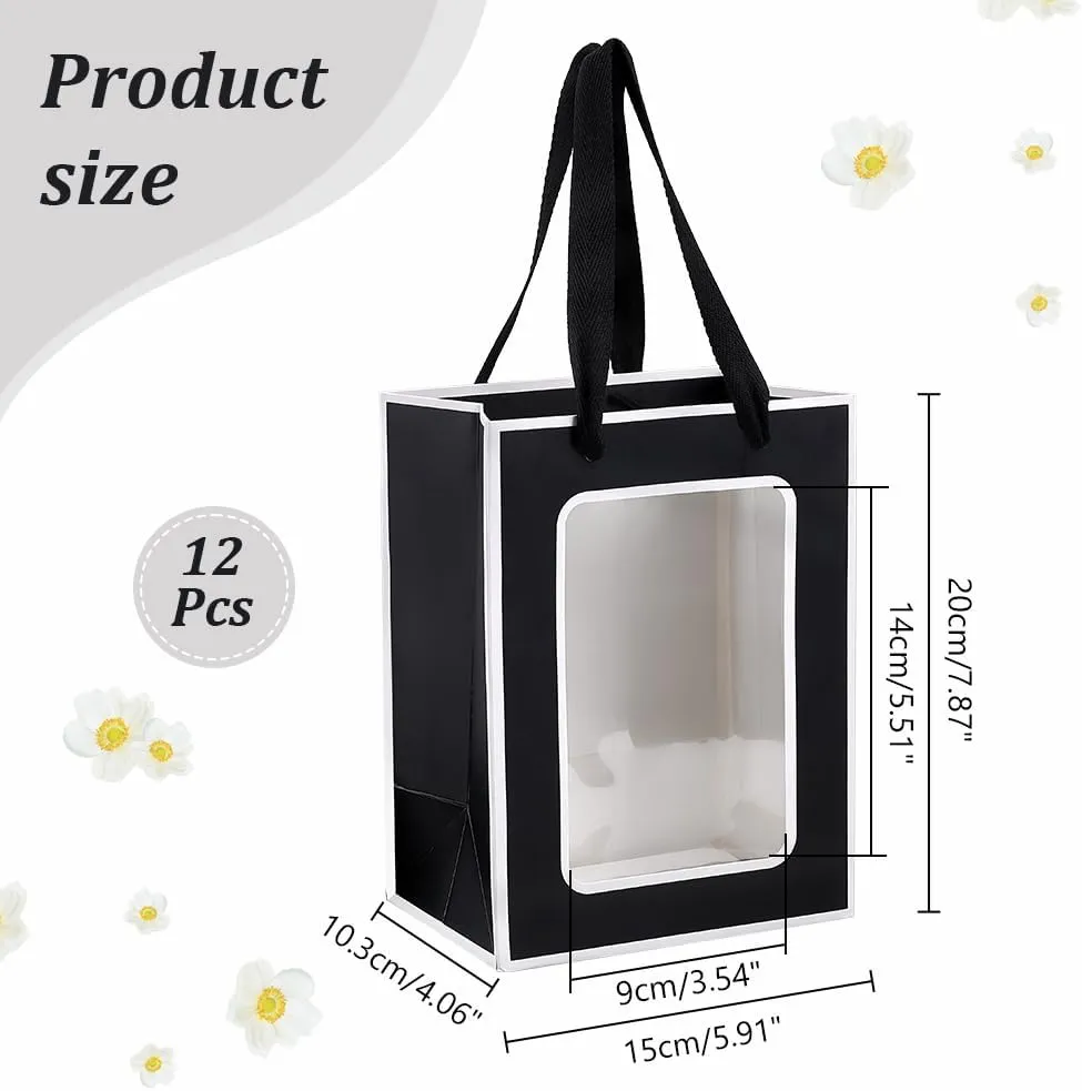 NBEADS 12 Pcs Kraft Paper Gift Bags with Clear Window, 7.9x5.9x4.1inch Paper Gift Tote Bags with Handles, Black White