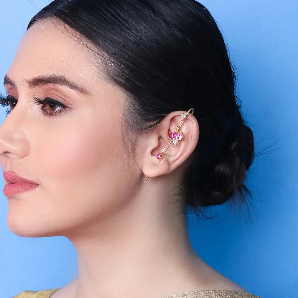 Needle Silver lotus Kundan Earcuff