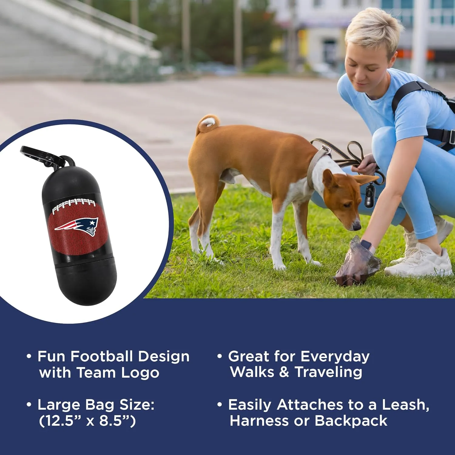 NFL NEW ENGLAND PATRIOTS Cool and Sporty Poop Bag Dispenser with A Leash D Ring and with 1200 Premium Dog Poop Bags