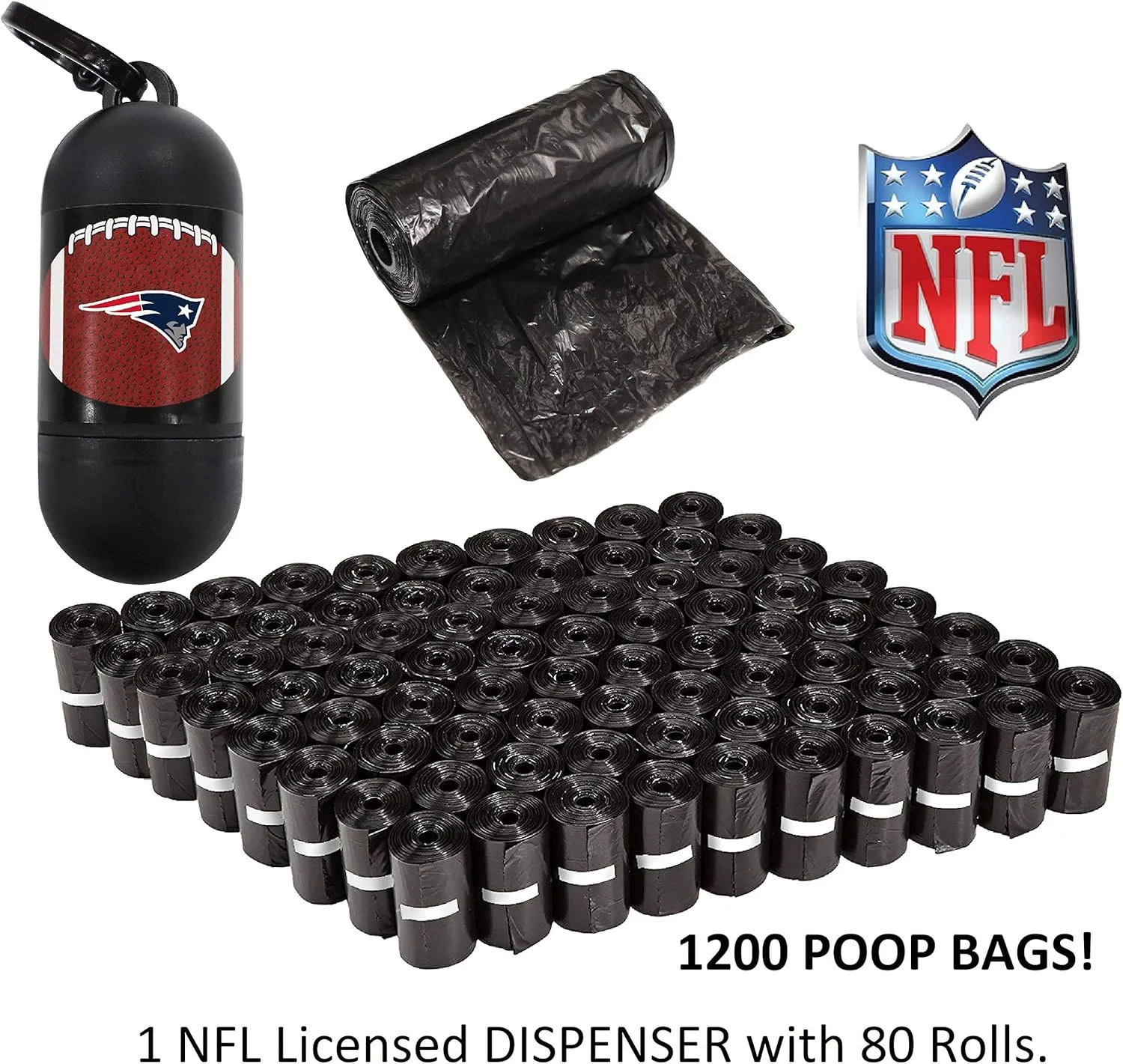NFL NEW ENGLAND PATRIOTS Cool and Sporty Poop Bag Dispenser with A Leash D Ring and with 1200 Premium Dog Poop Bags