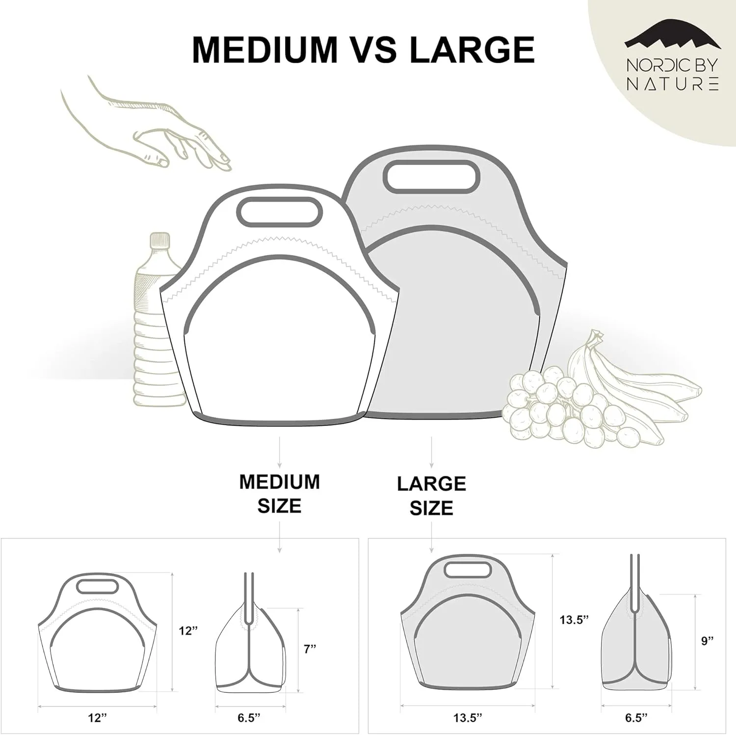 Nordic By Nature Large Neoprene Lunch Bag for Women & Lunch tote for Kids Insulated Lunch bag Reusable Washable Extra Thick Neoprene & Soft Cotton Feel, Premium Stitching, Outside Pocket, (L) Black