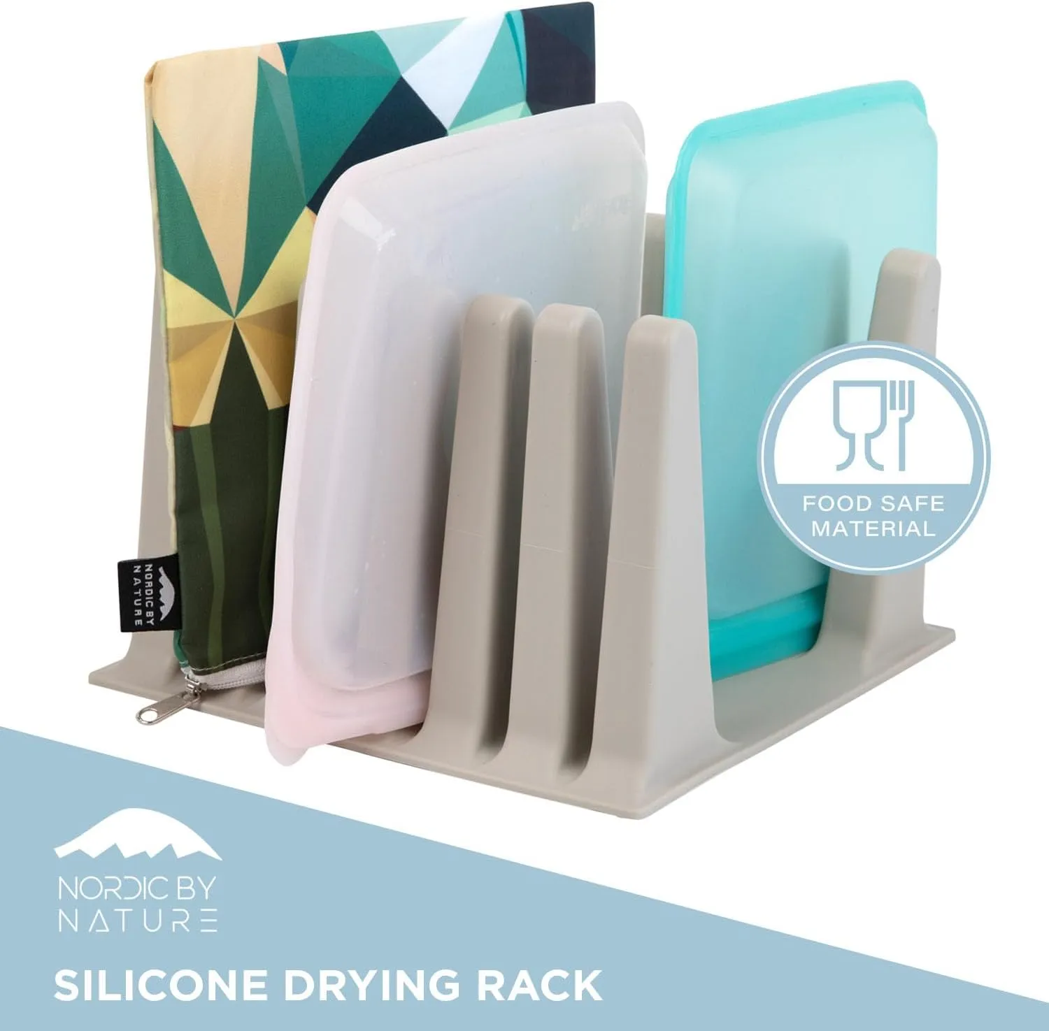 Nordic By Nature Silicone Drying Rack For Reusable Bags, Bottles - Snack & Sandwich Storage Bag Organizer, Lick Mat For Dogs & Cats Drying Rack (Light Grey)