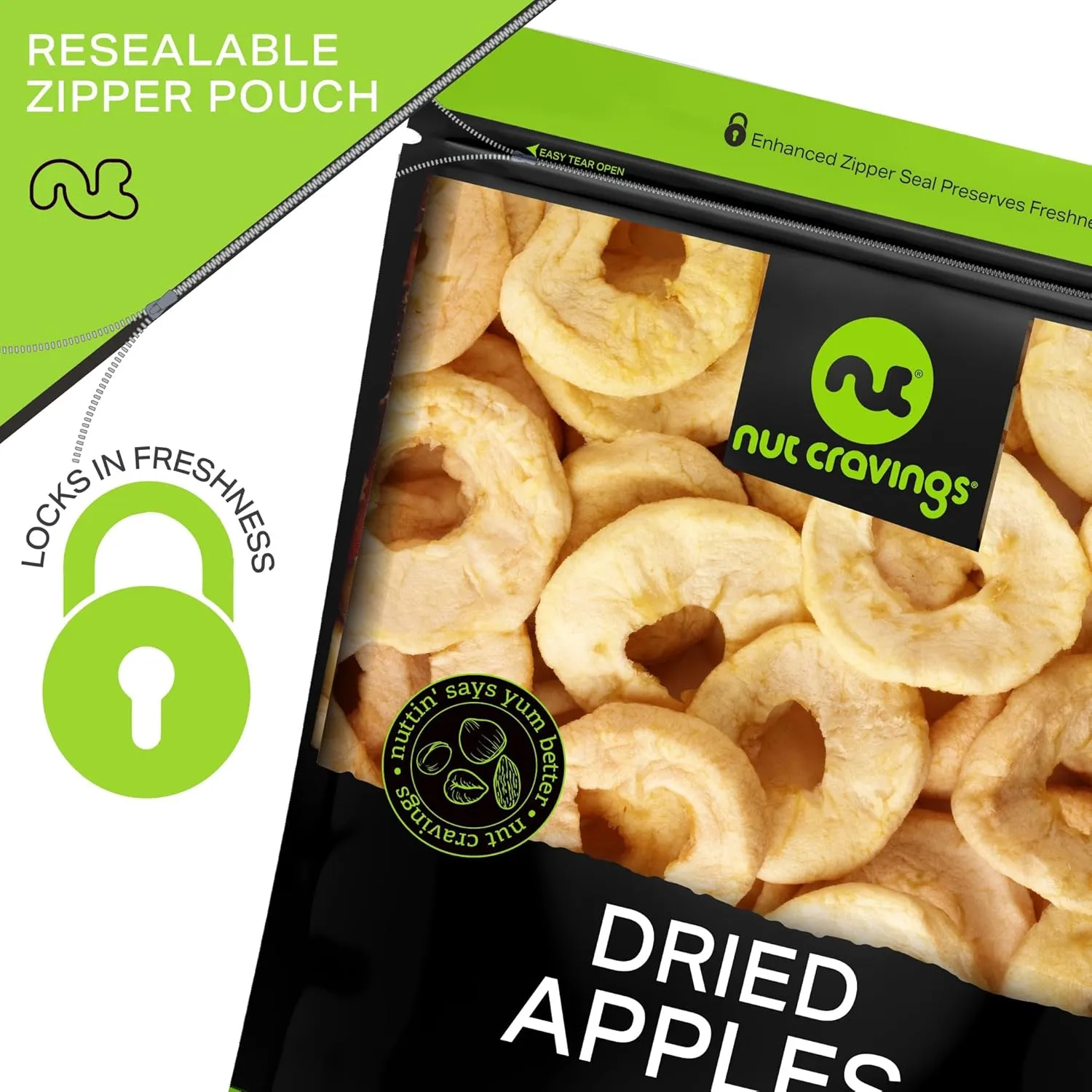 NUT CRAVINGS Dry Fruits - Dried Apple Rings Slices, No Sugar Added - Chewy Soft Texture (16oz - 1 LB) Packed Fresh in Resealable Bag - Sweet Snack, Healthy Food, Naturally Grown, Vegan, Kosher