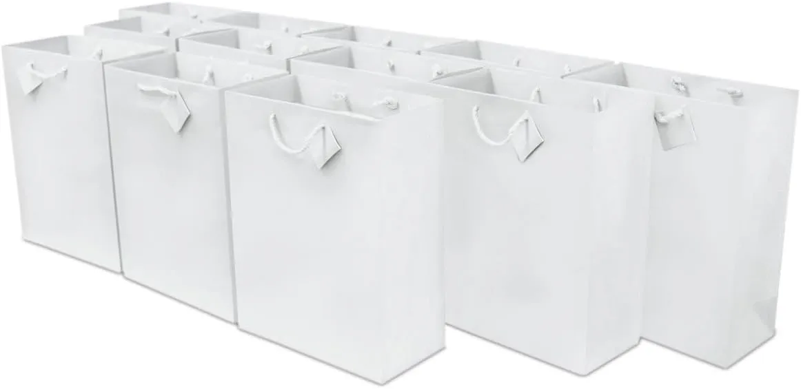 OccasionALL Medium White Gift Bags with Handles, Glossy Christmas Tote, Holiday Wrap, Weddings, Baby Showers, Party Favors, Bulk, 7.5x3.5x9 12 Pack
