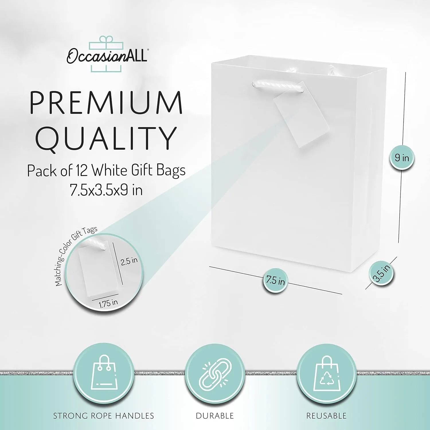 OccasionALL Medium White Gift Bags with Handles, Glossy Christmas Tote, Holiday Wrap, Weddings, Baby Showers, Party Favors, Bulk, 7.5x3.5x9 12 Pack