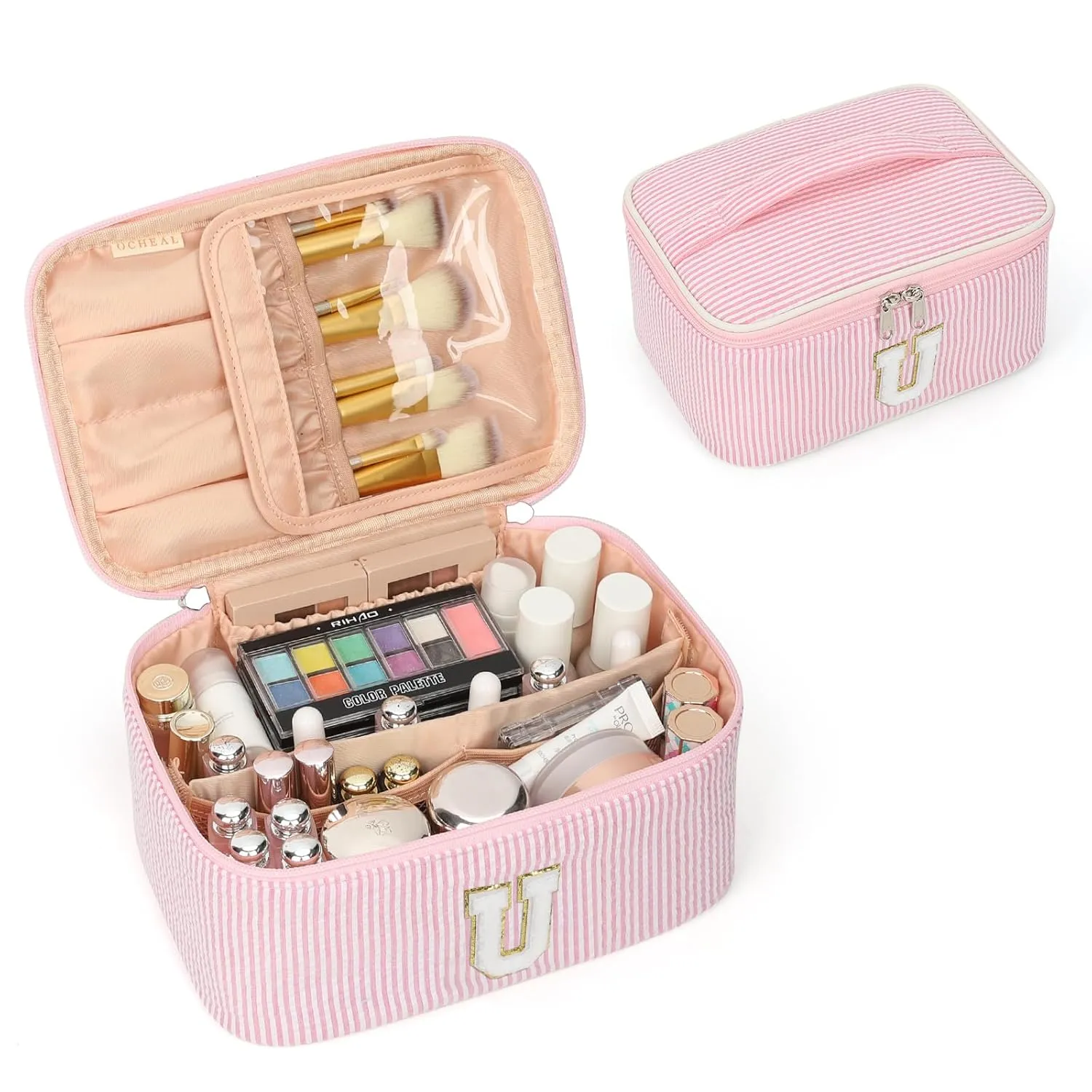 OCHEAL Personalized Makeup Bag for Women Monogram Travel Cosmetic Bag with Brush Holder and Divider, Pink Makeup Organizer Pouch Gift for Her Girls Bridesmaid, Sister, Wife, Friends Initial U