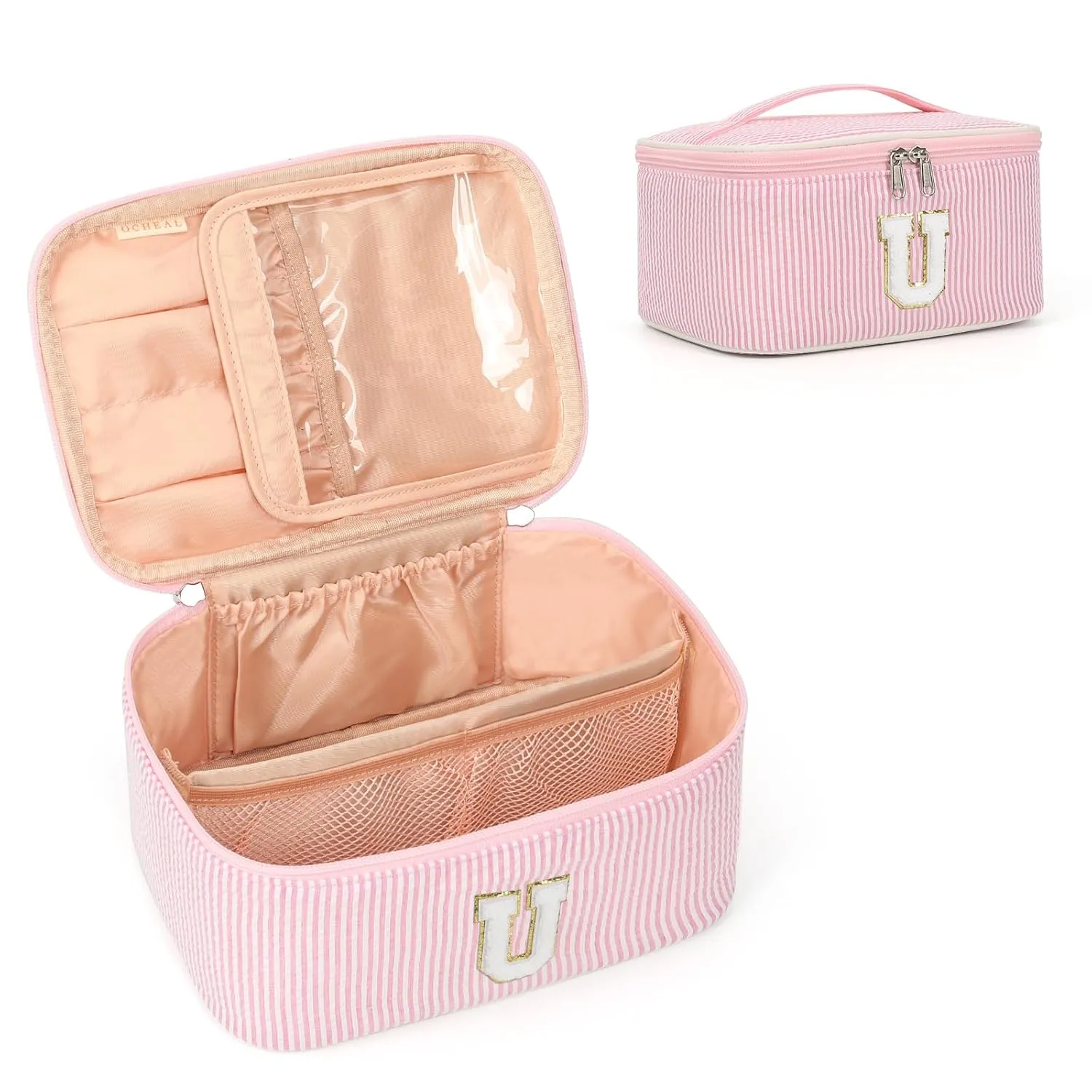 OCHEAL Personalized Makeup Bag for Women Monogram Travel Cosmetic Bag with Brush Holder and Divider, Pink Makeup Organizer Pouch Gift for Her Girls Bridesmaid, Sister, Wife, Friends Initial U