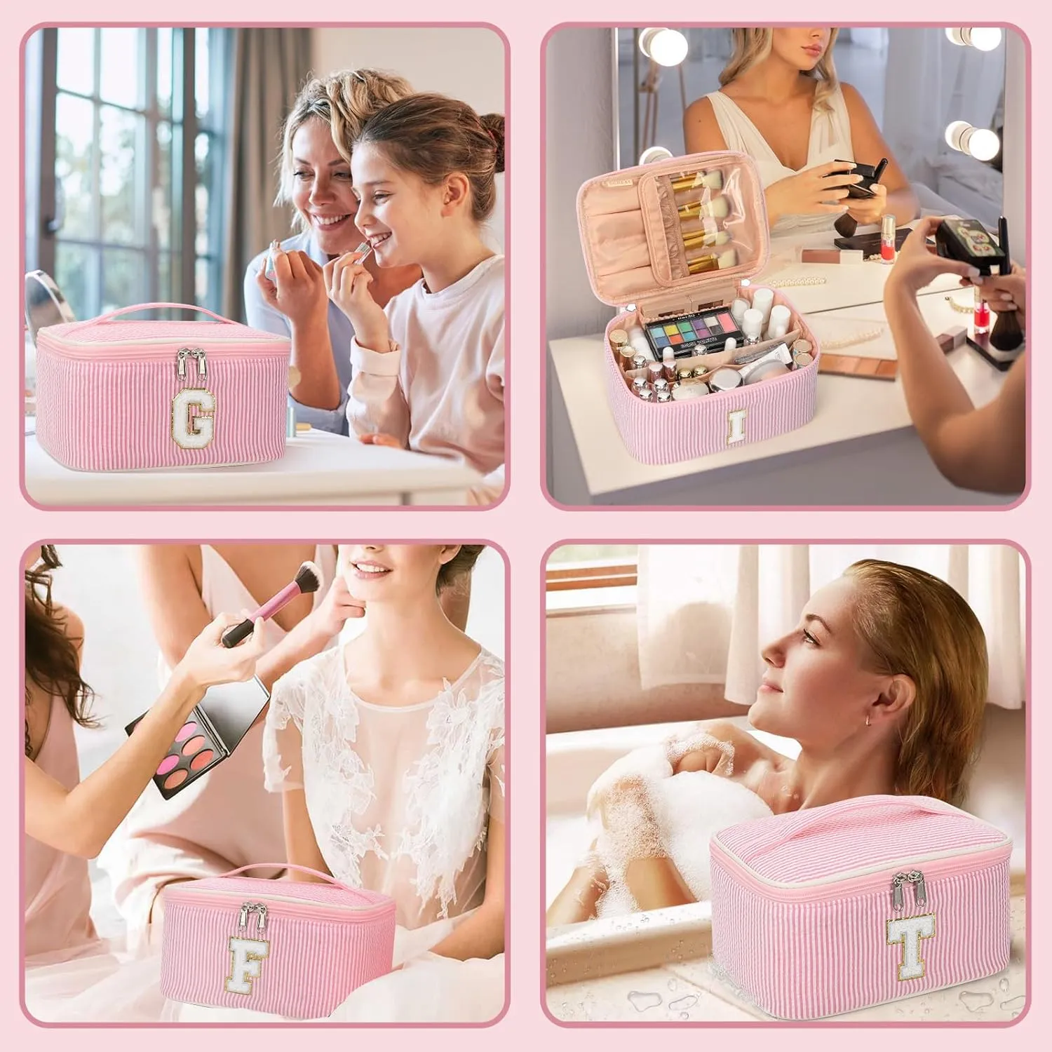 OCHEAL Personalized Makeup Bag for Women Monogram Travel Cosmetic Bag with Brush Holder and Divider, Pink Makeup Organizer Pouch Gift for Her Girls Bridesmaid, Sister, Wife, Friends Initial U