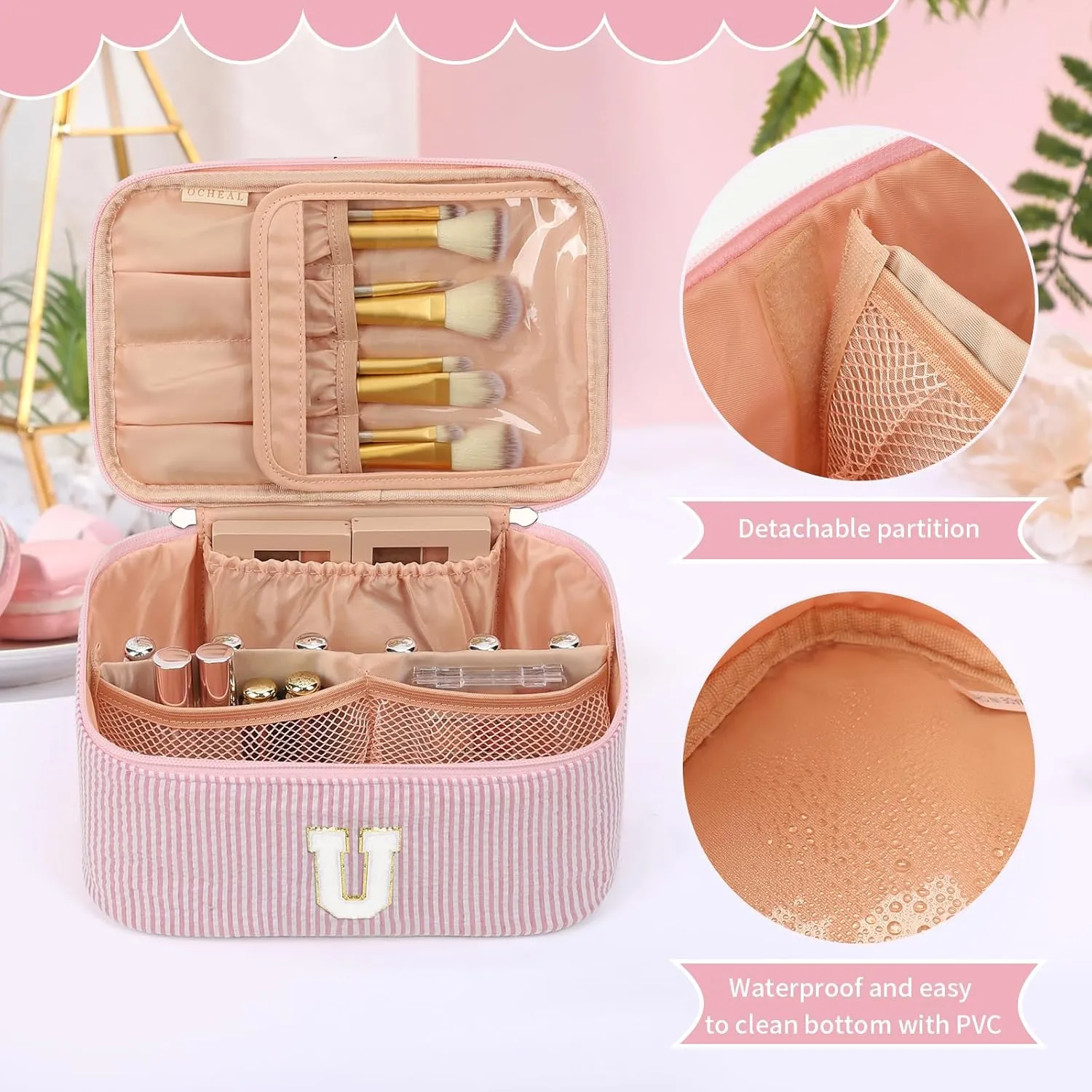 OCHEAL Personalized Makeup Bag for Women Monogram Travel Cosmetic Bag with Brush Holder and Divider, Pink Makeup Organizer Pouch Gift for Her Girls Bridesmaid, Sister, Wife, Friends Initial U
