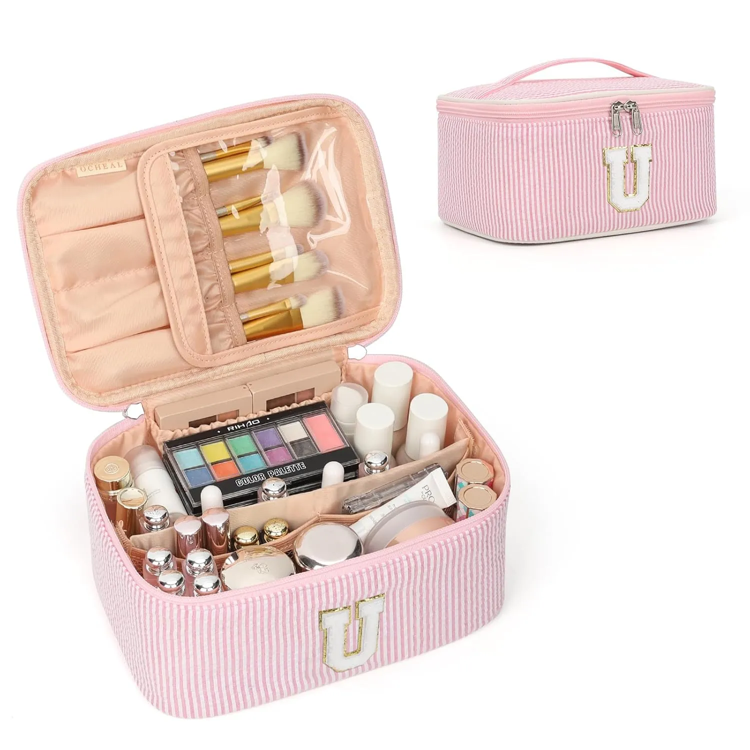 OCHEAL Personalized Makeup Bag for Women Monogram Travel Cosmetic Bag with Brush Holder and Divider, Pink Makeup Organizer Pouch Gift for Her Girls Bridesmaid, Sister, Wife, Friends Initial U