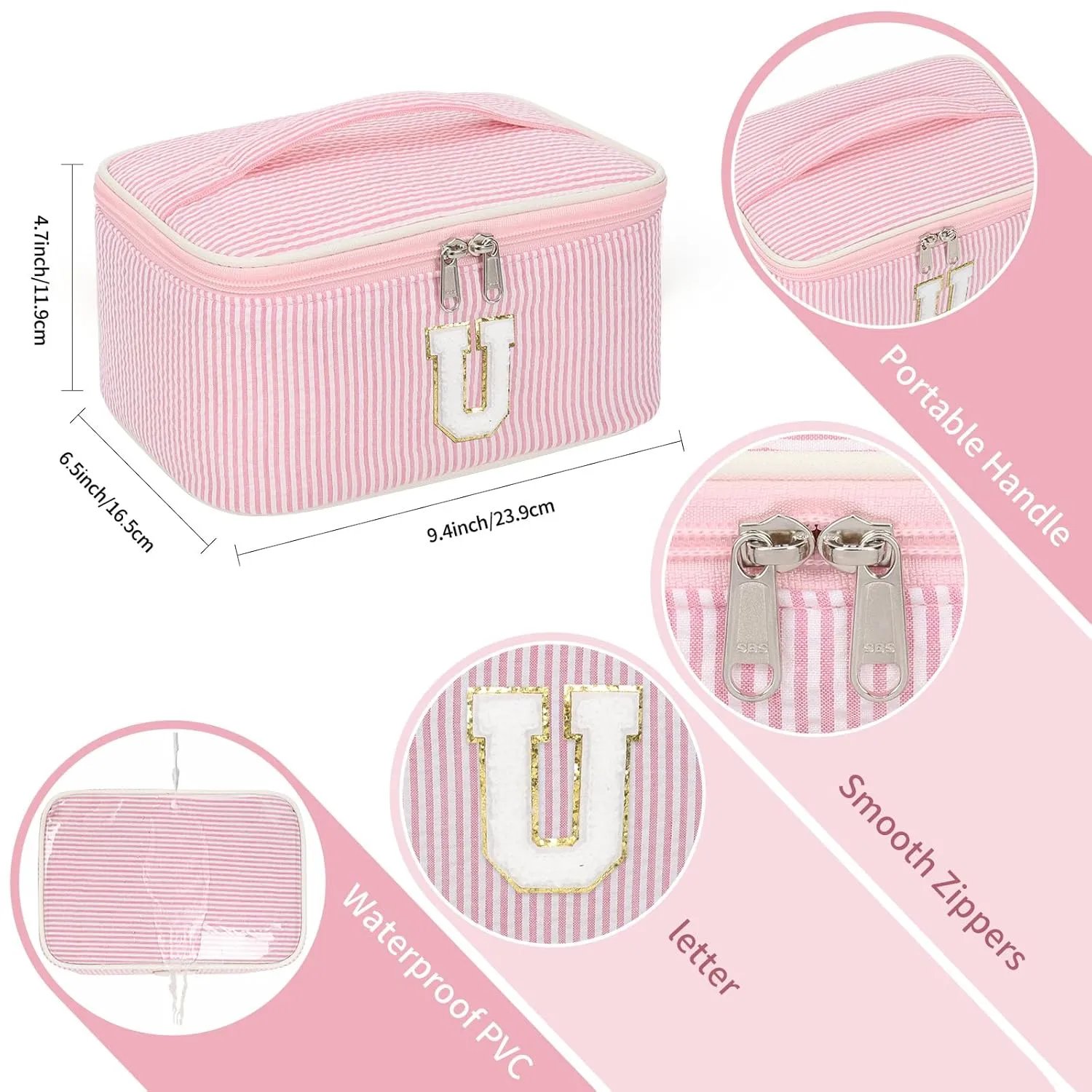 OCHEAL Personalized Makeup Bag for Women Monogram Travel Cosmetic Bag with Brush Holder and Divider, Pink Makeup Organizer Pouch Gift for Her Girls Bridesmaid, Sister, Wife, Friends Initial U