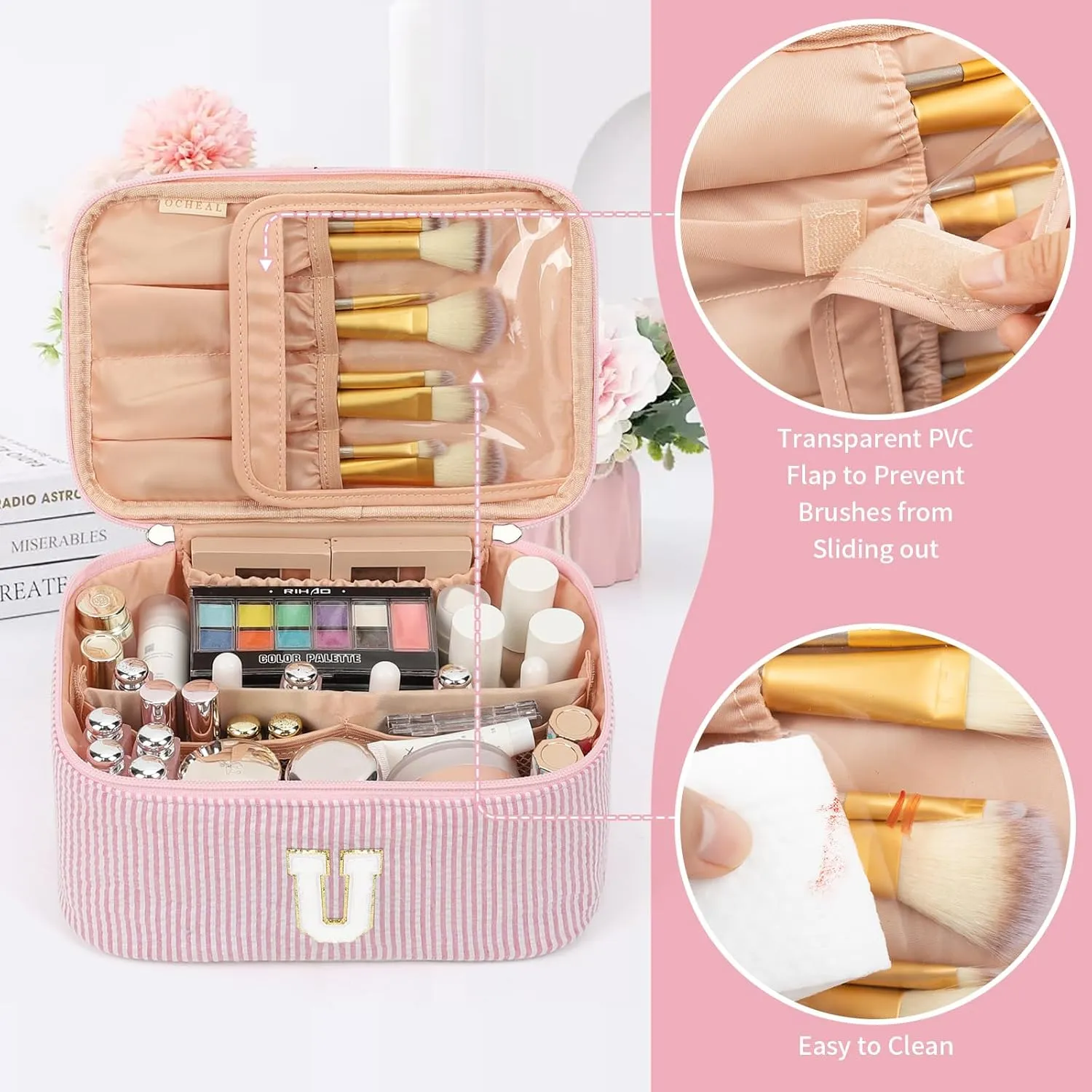 OCHEAL Personalized Makeup Bag for Women Monogram Travel Cosmetic Bag with Brush Holder and Divider, Pink Makeup Organizer Pouch Gift for Her Girls Bridesmaid, Sister, Wife, Friends Initial U