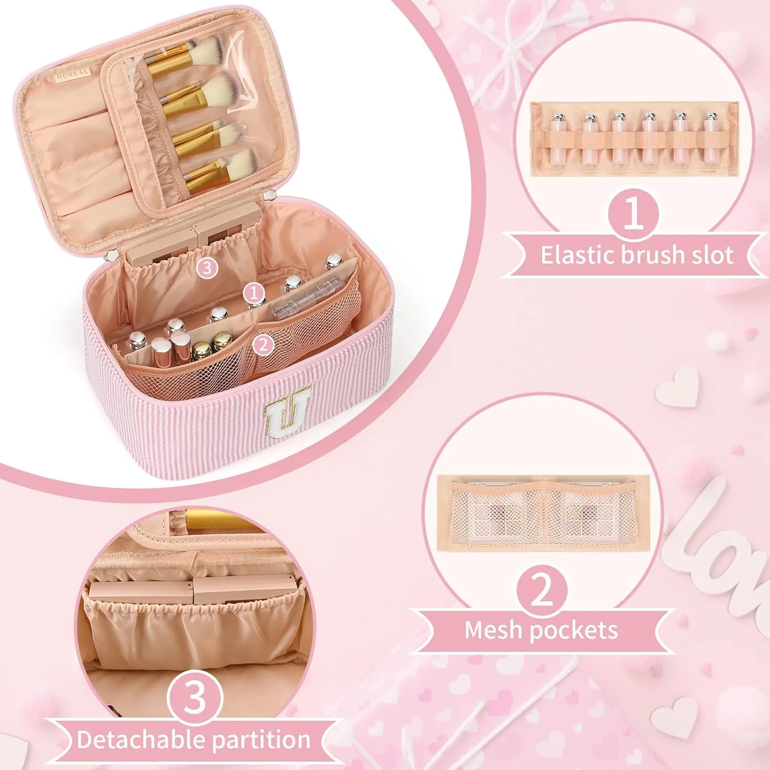 OCHEAL Personalized Makeup Bag for Women Monogram Travel Cosmetic Bag with Brush Holder and Divider, Pink Makeup Organizer Pouch Gift for Her Girls Bridesmaid, Sister, Wife, Friends Initial U