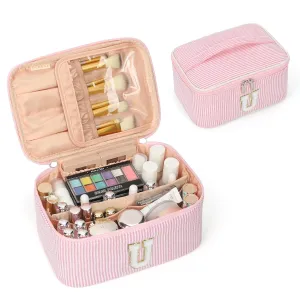 OCHEAL Personalized Makeup Bag for Women Monogram Travel Cosmetic Bag with Brush Holder and Divider, Pink Makeup Organizer Pouch Gift for Her Girls Bridesmaid, Sister, Wife, Friends Initial U