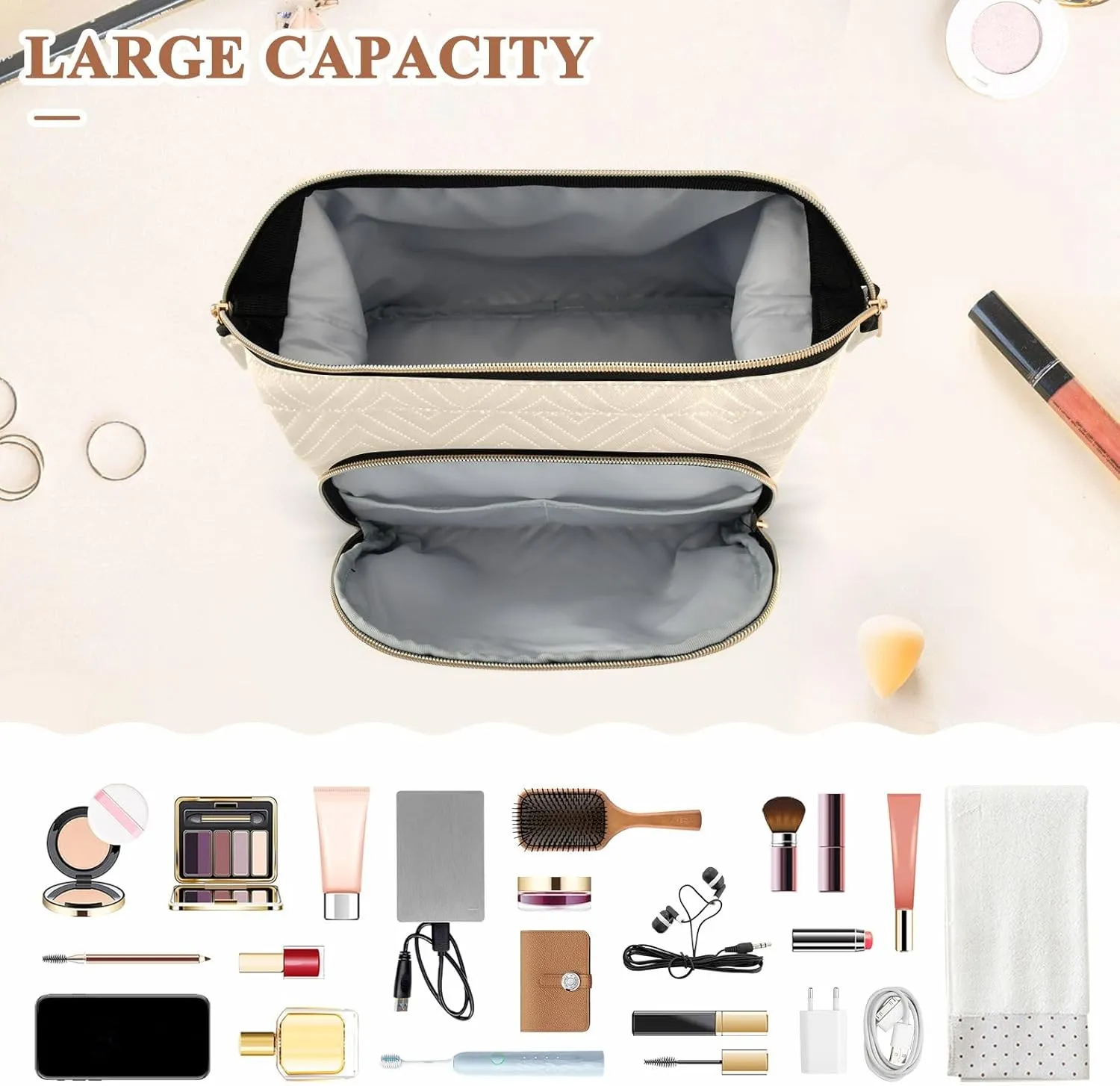 ODAWA Cosmetic Bag Papaya Whip Large Wide Open Pouch Purse for Toiletries Accessories Brushes