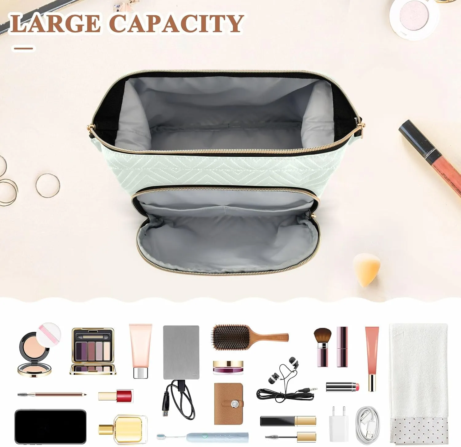 ODAWA Large Capacity Makeup Bag Honeydew Travel Cosmetic Organizer Toiletry Bag with 9-Piece Accessory Set, Roomy Cosmetic Bag for Women and Girls