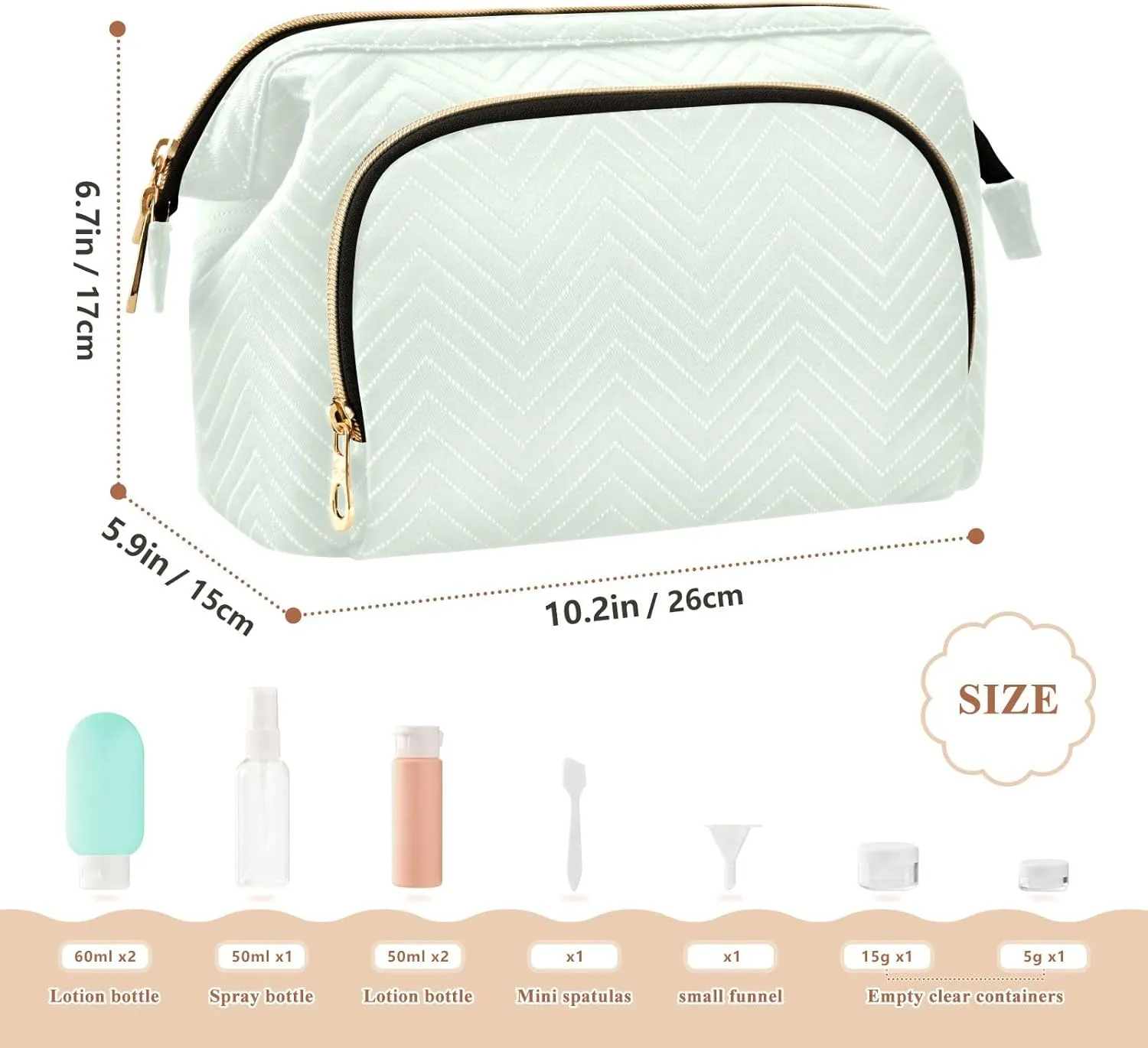 ODAWA Large Capacity Makeup Bag Honeydew Travel Cosmetic Organizer Toiletry Bag with 9-Piece Accessory Set, Roomy Cosmetic Bag for Women and Girls