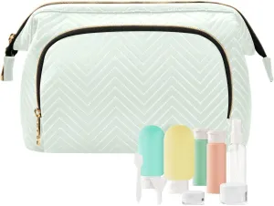 ODAWA Large Capacity Makeup Bag Honeydew Travel Cosmetic Organizer Toiletry Bag with 9-Piece Accessory Set, Roomy Cosmetic Bag for Women and Girls