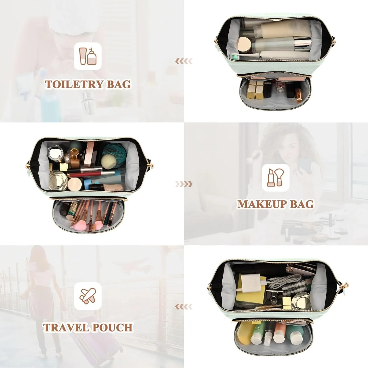 ODAWA Large Capacity Makeup Bag Honeydew Travel Cosmetic Organizer Toiletry Bag with 9-Piece Accessory Set, Roomy Cosmetic Bag for Women and Girls