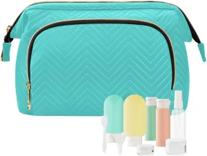 ODAWA Quilted Makeup Bags with 9-Piece Accessory Set, Medium Turquoise Traveling Makeup Bag Organizer Makeup Bag Travel Cosmetic Bag Toiletry Bag Organizer Pouch
