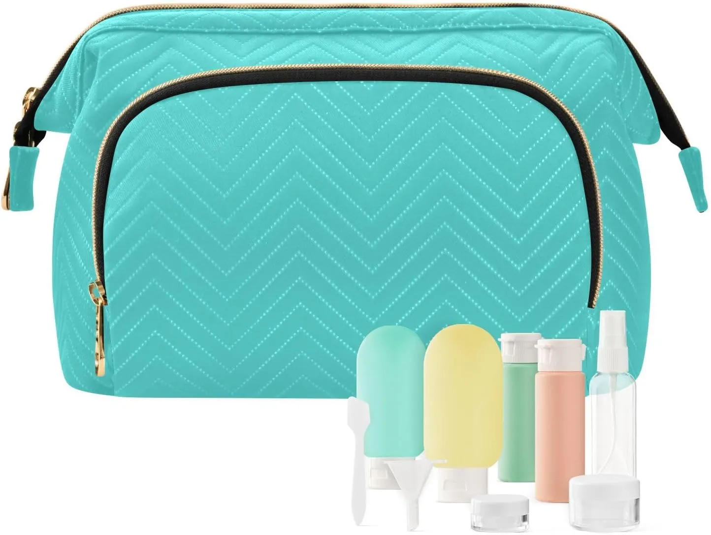 ODAWA Quilted Makeup Bags with 9-Piece Accessory Set, Medium Turquoise Traveling Makeup Bag Organizer Makeup Bag Travel Cosmetic Bag Toiletry Bag Organizer Pouch
