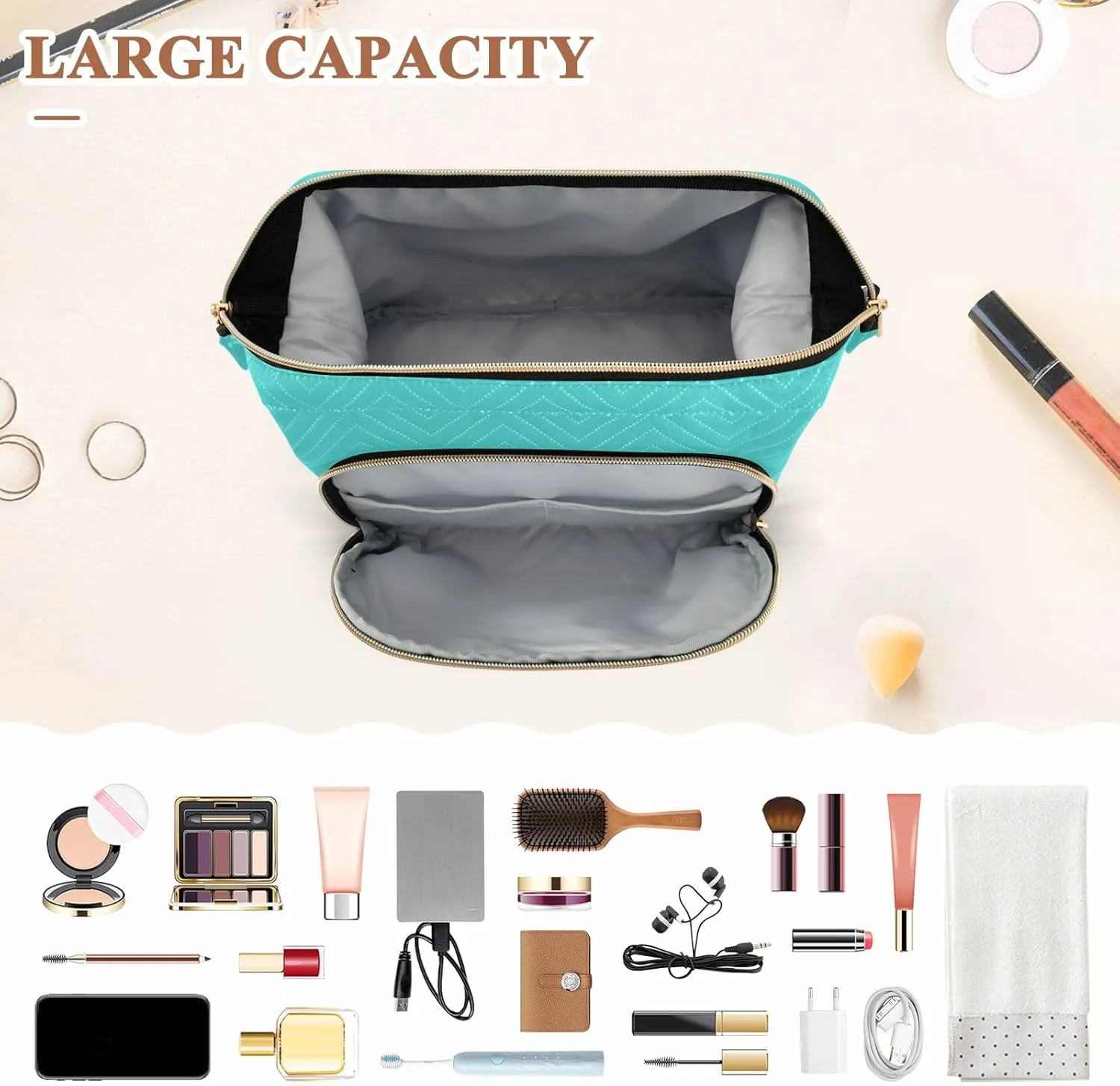 ODAWA Quilted Makeup Bags with 9-Piece Accessory Set, Medium Turquoise Traveling Makeup Bag Organizer Makeup Bag Travel Cosmetic Bag Toiletry Bag Organizer Pouch