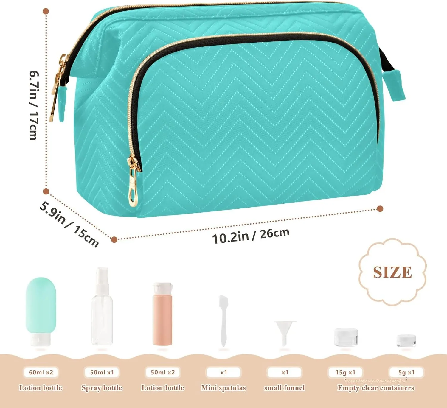 ODAWA Quilted Makeup Bags with 9-Piece Accessory Set, Medium Turquoise Traveling Makeup Bag Organizer Makeup Bag Travel Cosmetic Bag Toiletry Bag Organizer Pouch