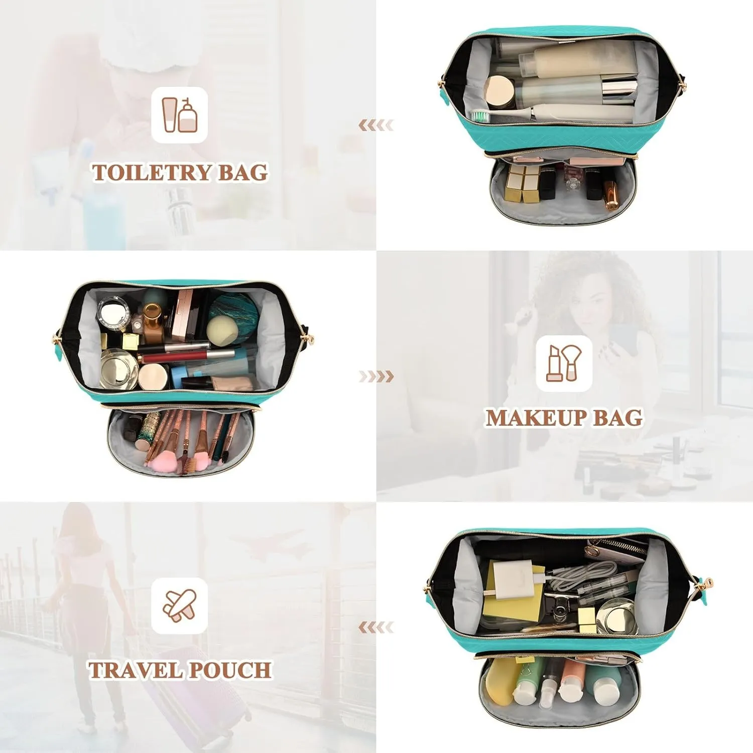 ODAWA Quilted Makeup Bags with 9-Piece Accessory Set, Medium Turquoise Traveling Makeup Bag Organizer Makeup Bag Travel Cosmetic Bag Toiletry Bag Organizer Pouch