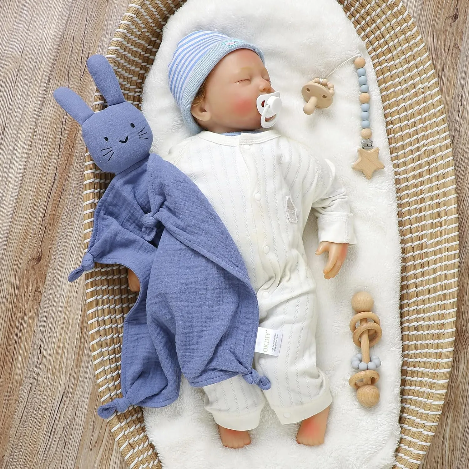 Organic Cotton Bunny Loveys for Babies,Newborn Baby Lovey Security Blanket,Lovies for Babies New Born Baby Unique Neutral Gifts Boys and Girls (Bunny-Blue)