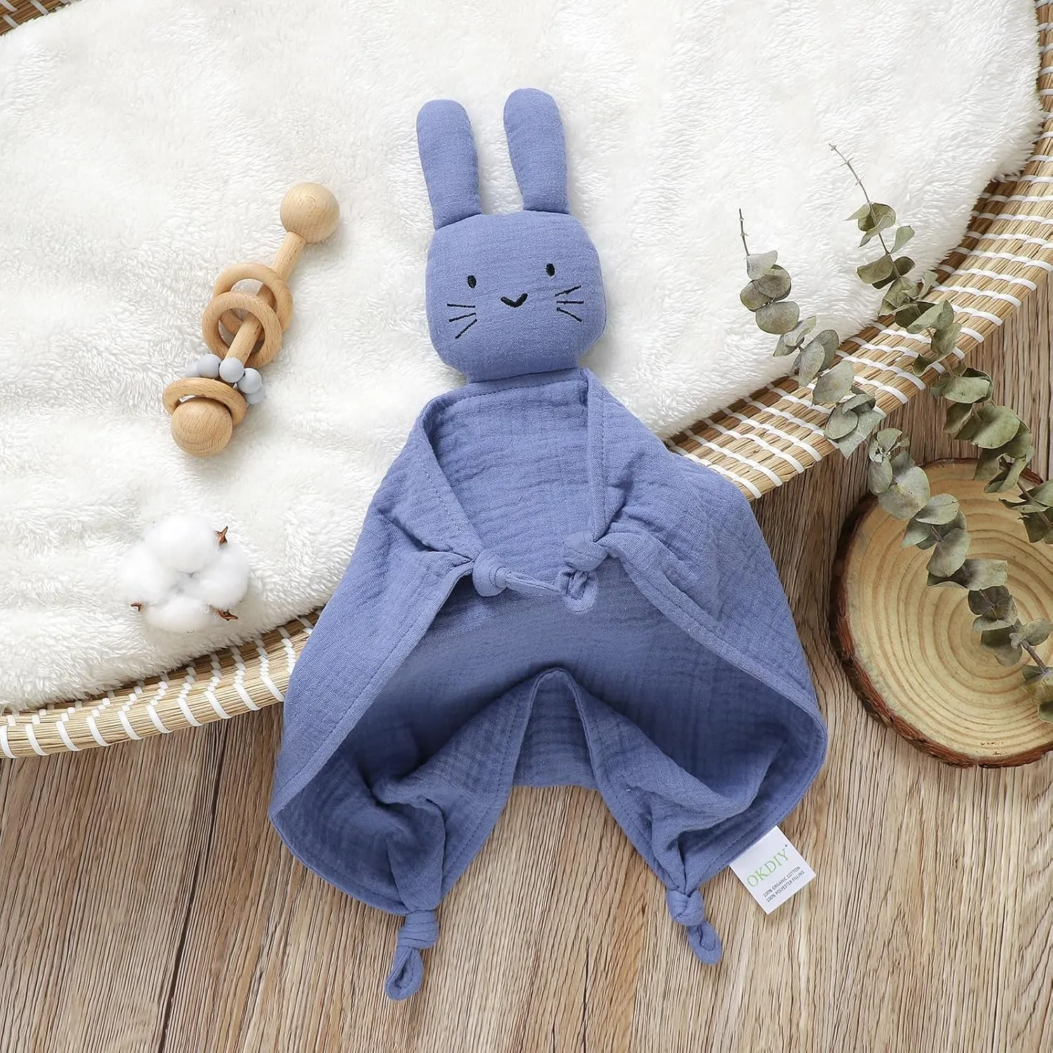 Organic Cotton Bunny Loveys for Babies,Newborn Baby Lovey Security Blanket,Lovies for Babies New Born Baby Unique Neutral Gifts Boys and Girls (Bunny-Blue)