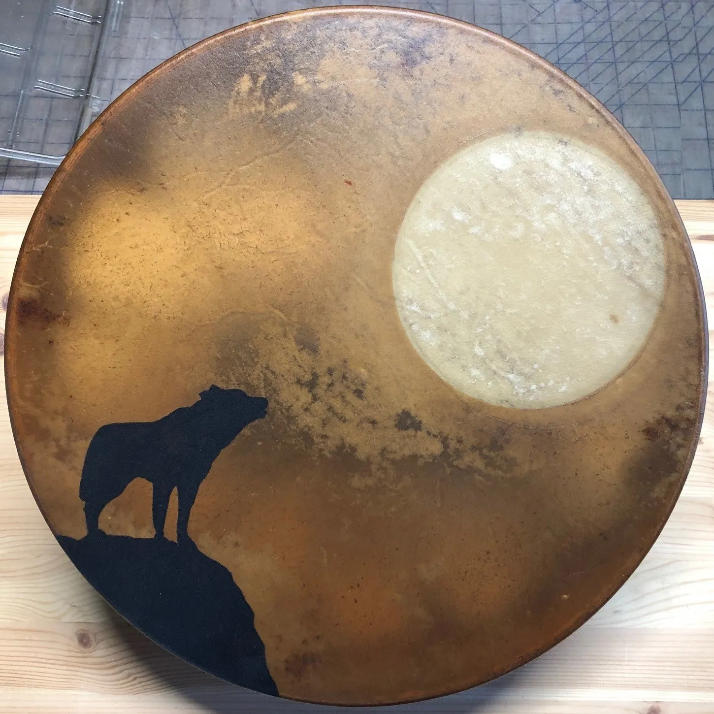Painted & Dyed 15" Elk Hide Drum - Wolf