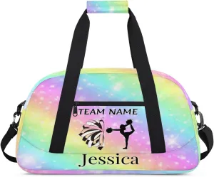 Personalised Cheer Sports Bags, Custom Cheerleader Silhouette Gym Duffle Bag Cheerleading Bags Travel Duffel Bag, Overnight Weekender Bags, Glitter Rainbow Print